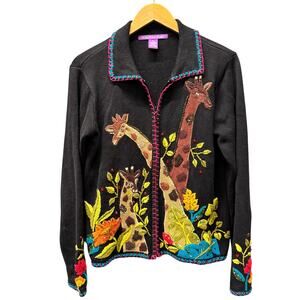 Giraffe Embroidered Sweater Womens Small Full Zip Black In the Dream Garden Knit
